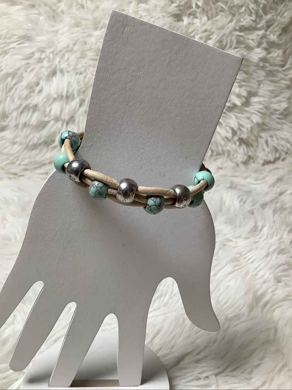 Lucky Brand Multi Strand Leather Turquoise Silver Beaded Bracelet Boho F17-17